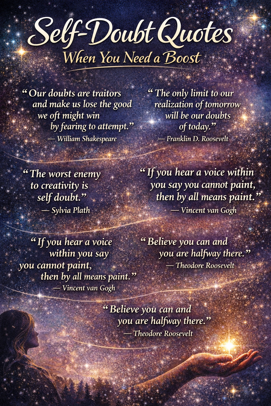 Self doubt quotes graphic with starry night sky background and glowing gold typography. Title reads Self Doubt Quotes When You Need a Boost. Inspirational quotes by William Shakespeare, Franklin D. Roosevelt, Sylvia Plath, Vincent van Gogh, and Theodore Roosevelt displayed over a cosmic scene with a silhouetted woman and a glowing light in her hand, symbolizing hope, confidence, and overcoming doubt.