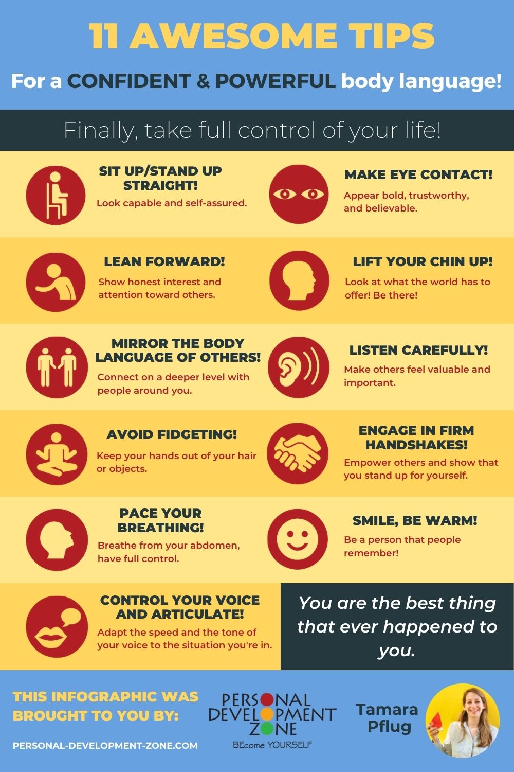 Infographic titled ‘11 Awesome Tips for a Confident & Powerful Body Language’. It lists tips with icons, including sitting or standing straight, making eye contact, leaning forward, lifting your chin, mirroring others’ body language, listening carefully, avoiding fidgeting, engaging in firm handshakes, pacing your breathing, smiling warmly, and controlling your voice. The design uses yellow and blue sections and ends with the message ‘You are the best thing that ever happened to you’, branded by Personal Development Zone.
