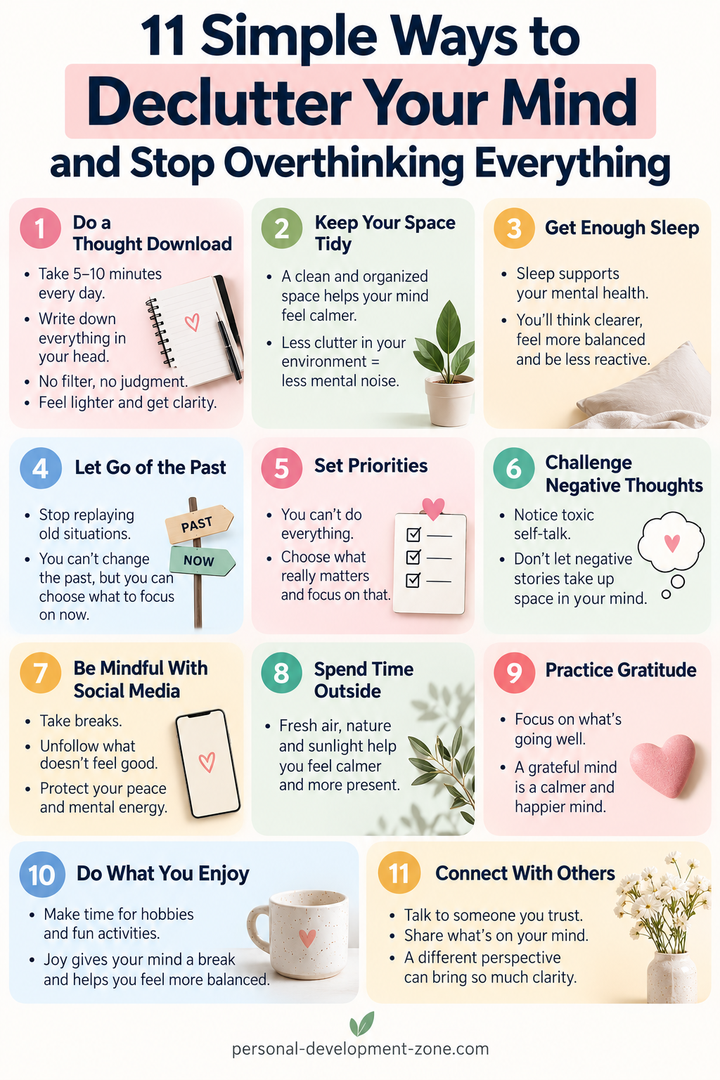 11 simple ways to declutter your mind, clear mental clutter and stop overthinking, including journaling, sleep, priorities and mindfulness.