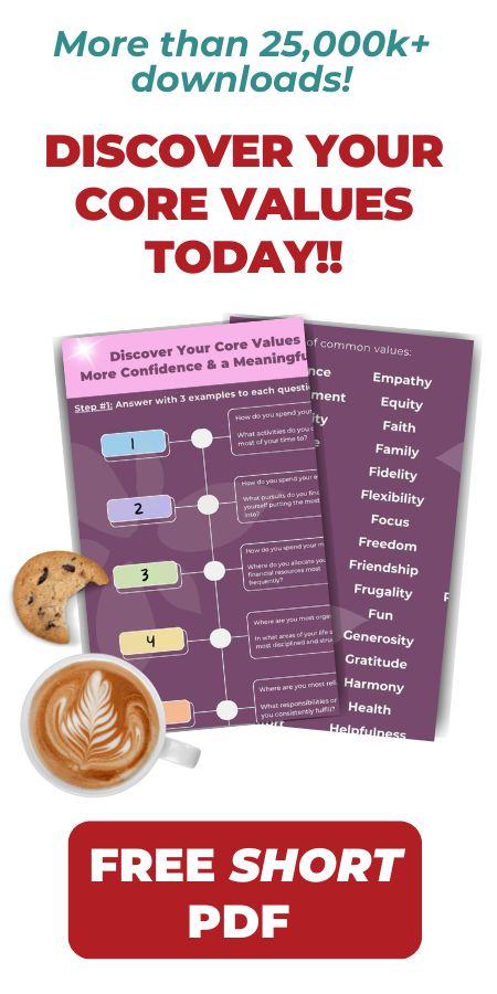 Text where it's written "more than 25000 downloads, discover your core values today in 3 easy steps, below, an image of the 2 page pdf showing a list of values and a cup of coffee and a cookie and a button below where it's written free short ebook