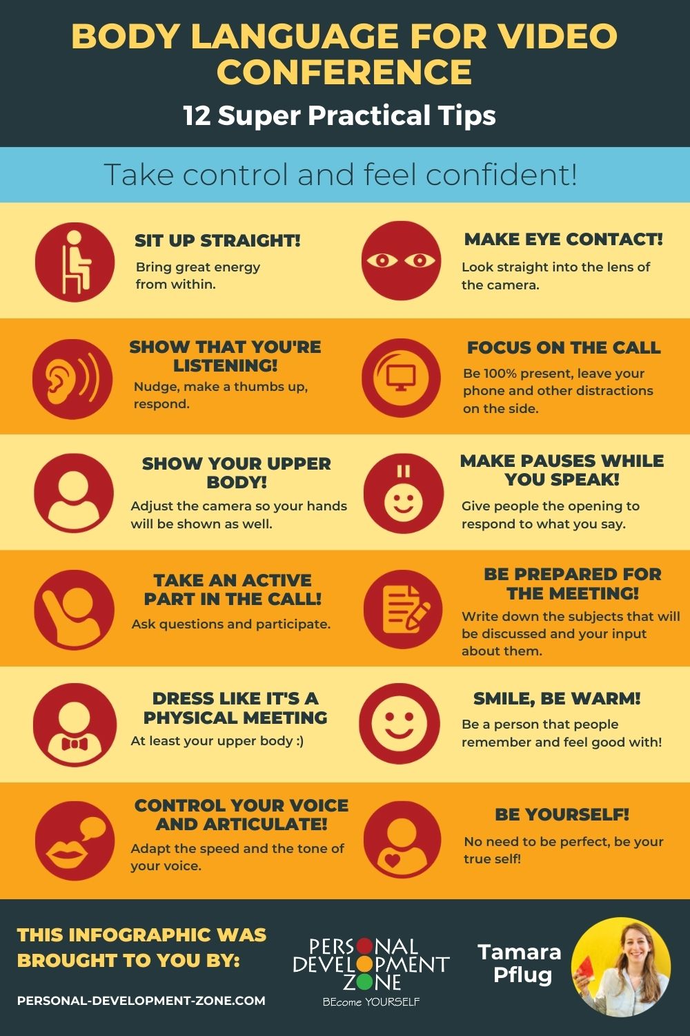 infographic of body language for video conference: sit up straight, focus on the call, smile be warm...