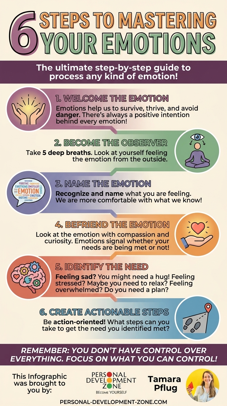 An infographic titled "6 Steps to Mastering Your Emotions" featuring a retro color palette of muted purple, green, blue, and orange. The steps are arranged in a staggered vertical layout with hand-drawn style icons. Each step describes a process: 1. Welcome the Emotion, 2. Become the Observer, 3. Name the Emotion, 4. Befriend the Emotion, 5. Identify the Need, and 6. Create Actionable Steps. The bottom footer includes a photo of Tamara Pflug and the website personal-development-zone.com.