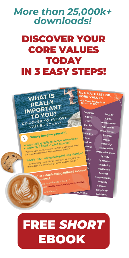 Text where it's written "more than 25000 downloads, discover your core values today in 3 easy steps, below, an image of the 2 page pdf showing a list of values and a cup of coffee and a cookie and a button below where it's written free short ebook