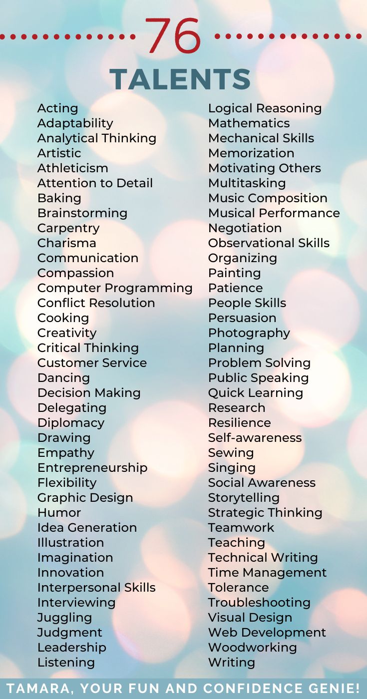 list of 76 talents: acting, adaptability, artistic, dancing, flexibility...
