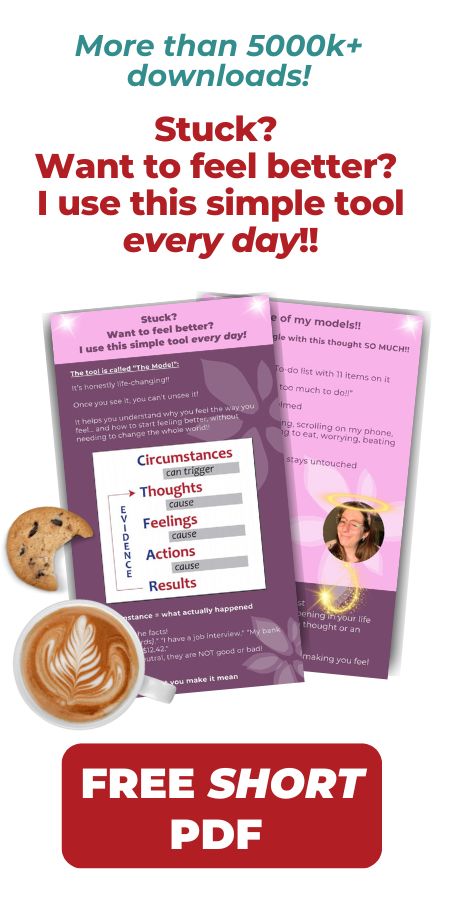 The top text reads “More than 5000k+ downloads!” followed by “Stuck? Want to feel better? I use this simple tool every day!!” in bold red font. Below, there is a visual of two overlapping pages showing a model titled "The Model" explaining how thoughts lead to feelings, actions, and results. A cookie, latte art coffee, and a smiling woman with a halo add a friendly and cozy feel. A bold red button at the bottom says “FREE SHORT PDF.”