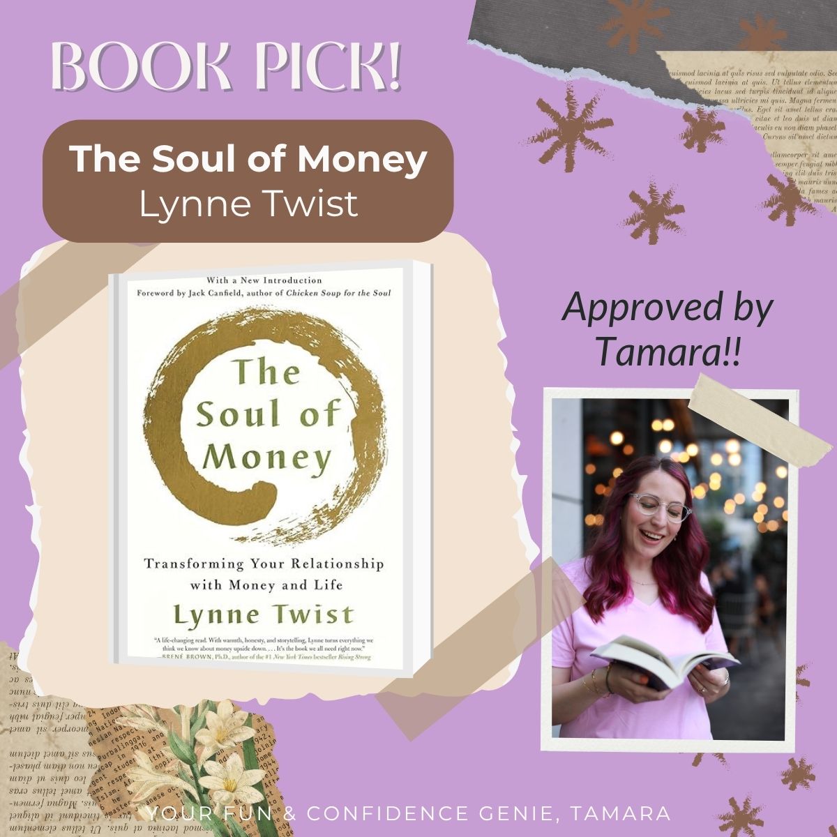 A cheerful book recommendation graphic featuring a book cover on the left and a smiling woman reading a book on the right. The background is purple with collage-style torn paper and floral decorations. Text includes “BOOK PICK!” and “Approved by Tamara!!” with a label at the bottom that says “Your fun & confidence genie, Tamara.