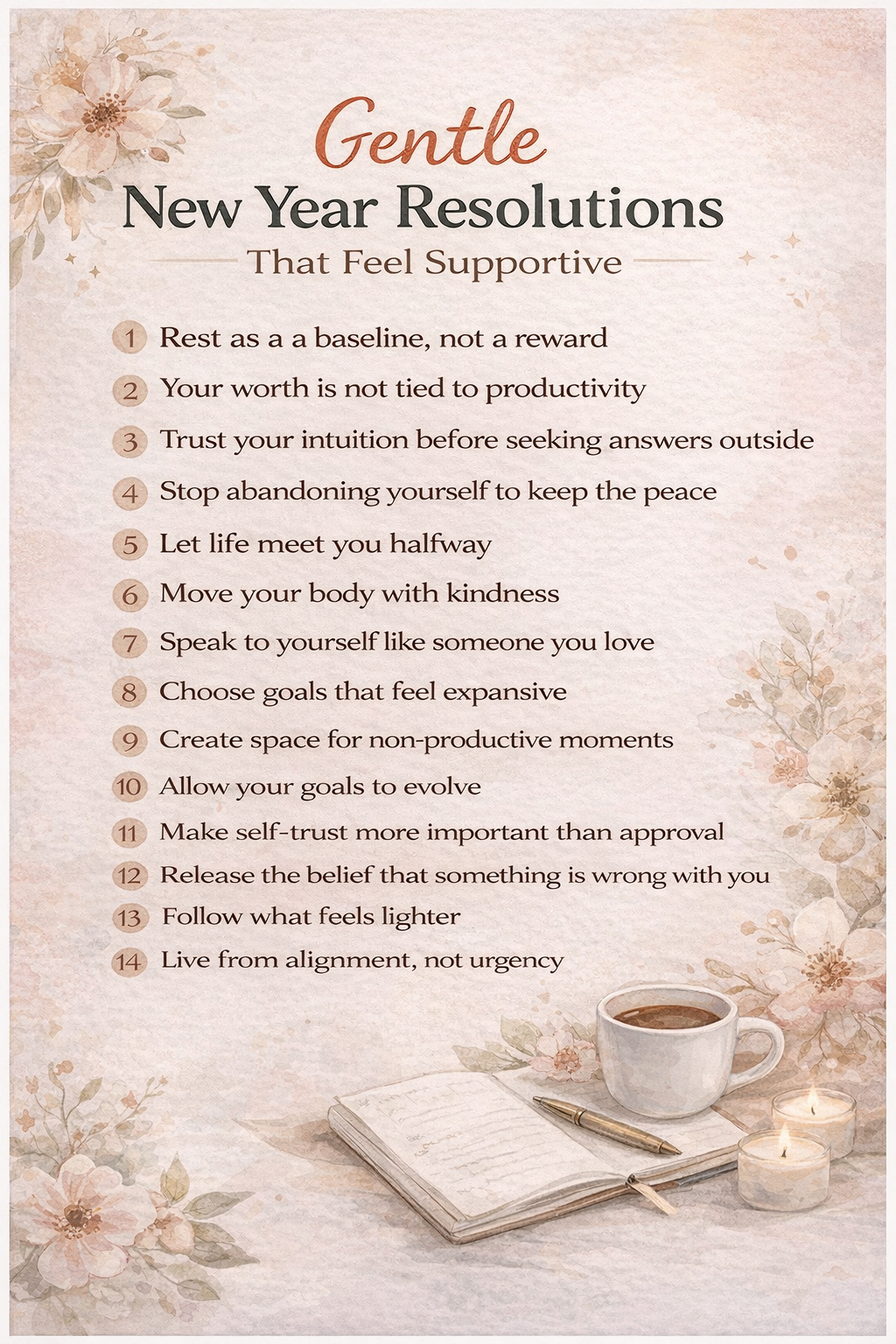 Pinterest-style vertical graphic titled “Gentle New Year Resolutions That Feel Supportive,” featuring a soft watercolor design with floral elements. The image displays a numbered list of 14 gentle New Year resolutions focused on rest, self-worth, intuition, self-trust, alignment, and ease, alongside cozy visuals of a notebook, pen, coffee cup, and candles in calming neutral tones.