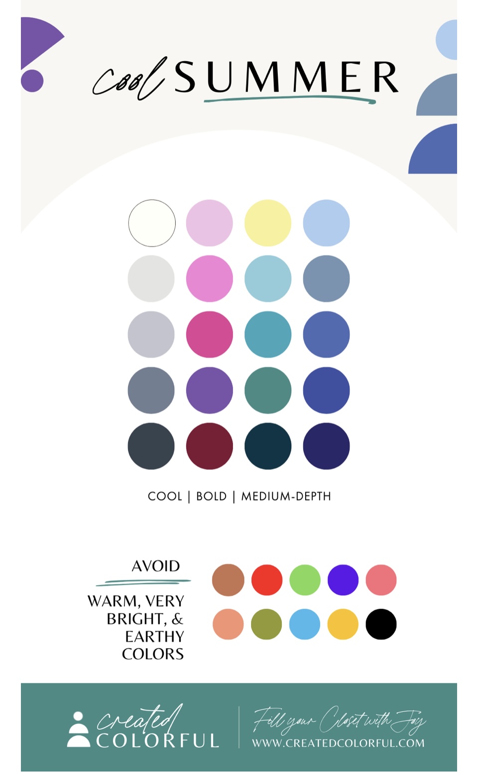 Created Colorful Cool Summer color palette guide detailing best shades like cool pinks and blues, and warm, earthy colors to avoid.
