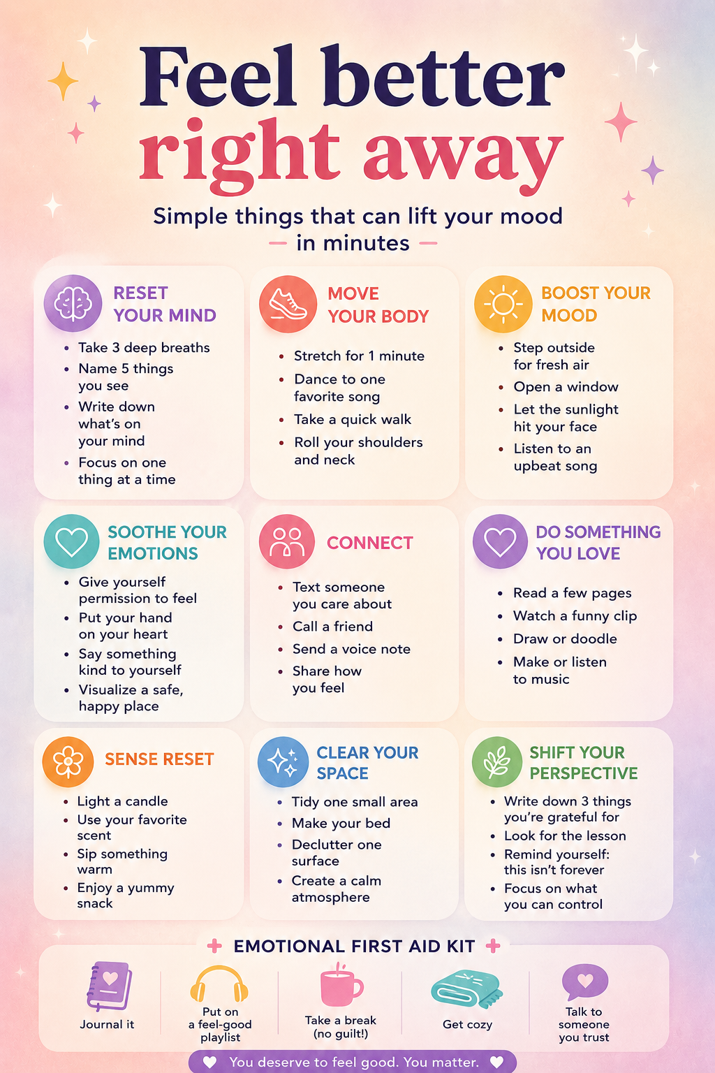 Infographic displaying a list of simple things to feel better right away, covering mind resets, mood boosters, sensory resets, and emotional first aid kit ideas.