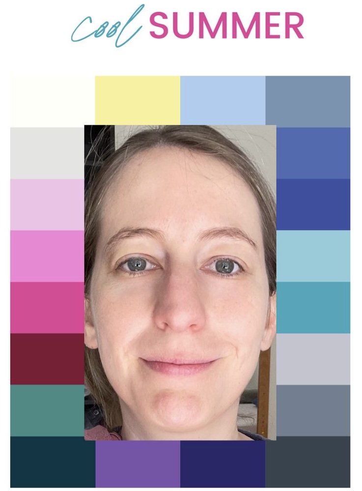 Tamara Pflug's virtual color analysis results from Created Colorful showing her framed by a Cool Summer color palette.