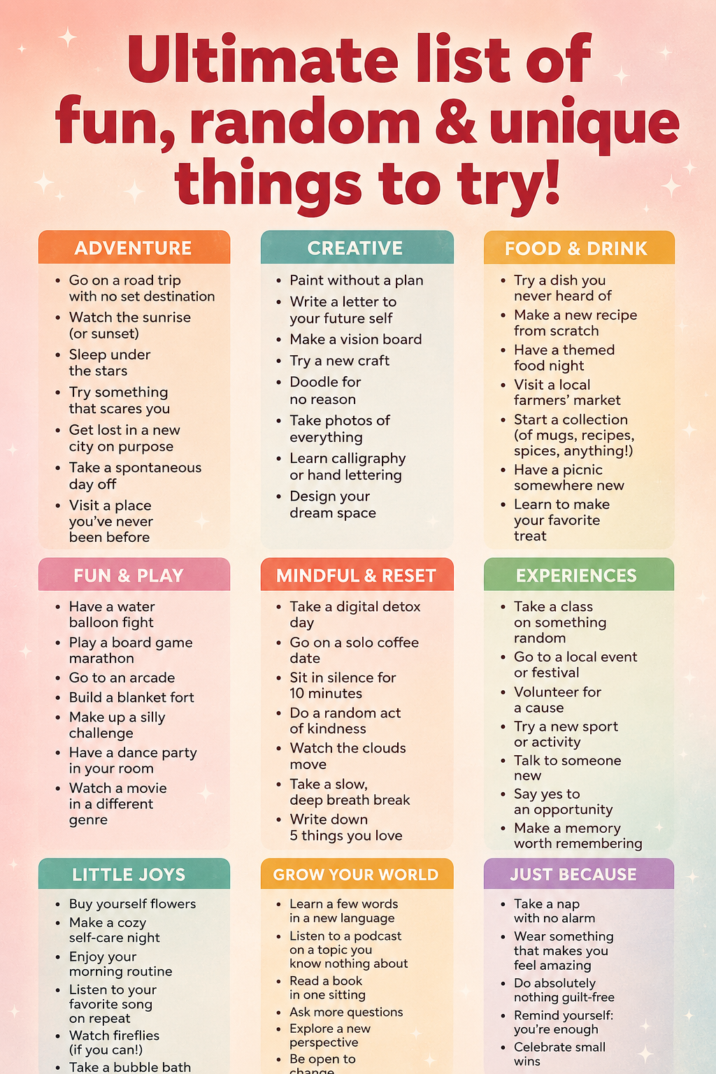 Infographic showcasing a list of fun, random, and unique things to try when bored, grouped by adventure, creativity, food, play, and mindful resets.
